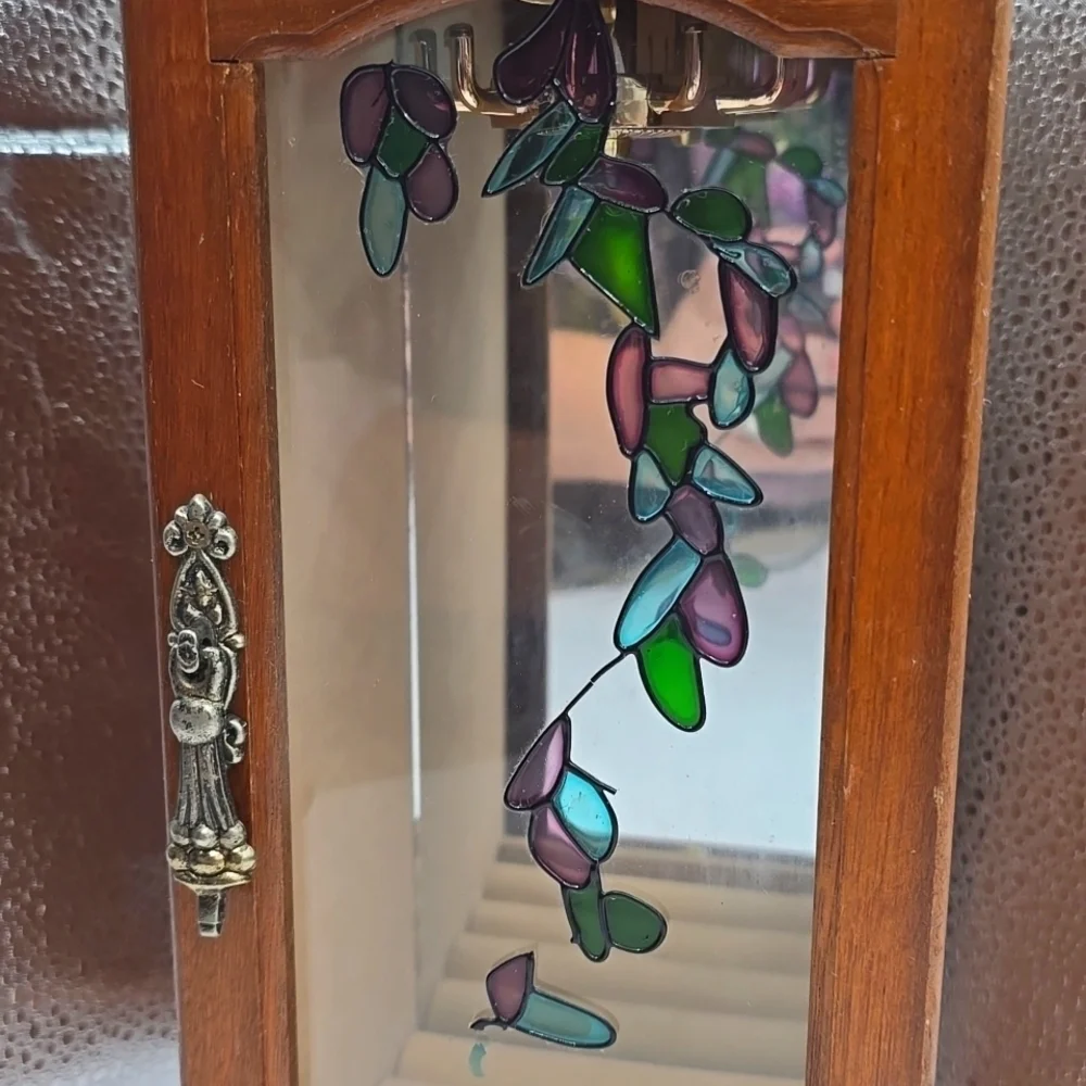Vintage Farrington Wooden Armoire Jewelry Cabinet with Mirror and Stained Glass